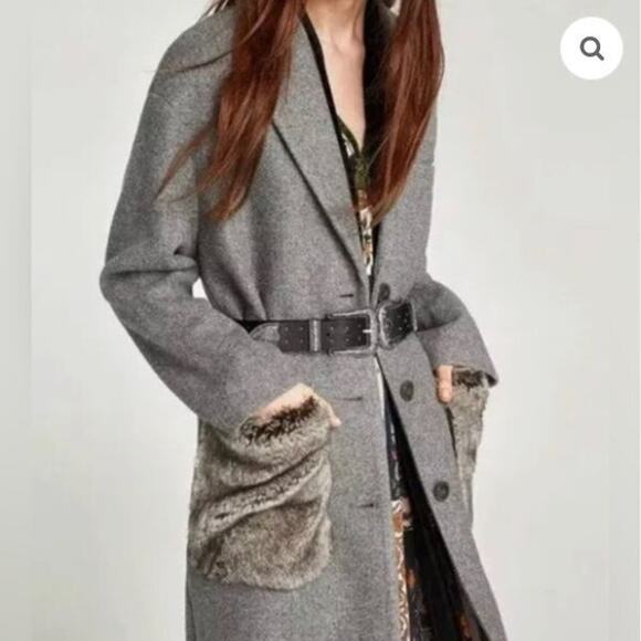 Zara Faux Fur Pockets Oversized Gray MIDI Trench Coat SZ M - Picture 1 of 3